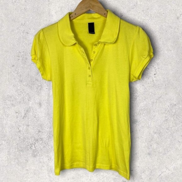Vero Moda Bright Yellow Puff Sleeve Polo Shirt Short Sleeves Button Henley Top M - Picture 1 of 6